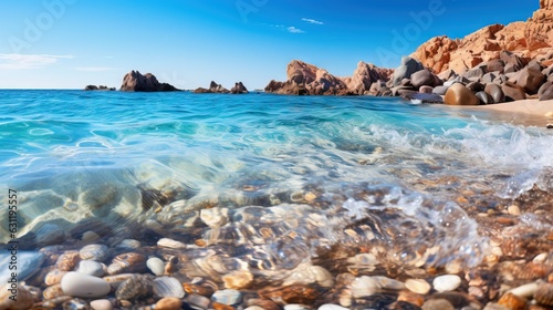  a rocky beach with clear blue water and rocks on the shore. generative ai