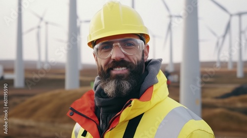 seasoned wind farm employee sporting a beard. photo