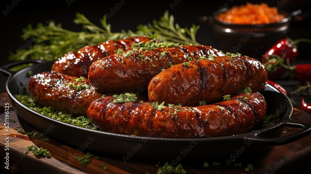 Generative AI, Grilled sausages on a plate, dark background, barbeque food