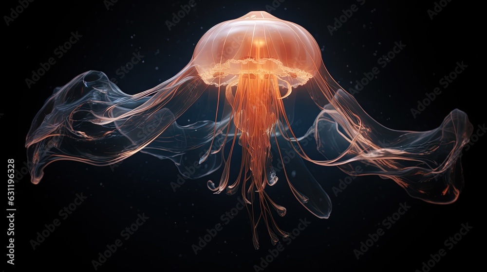  an orange jellyfish floating in the water on a black background.  generative ai