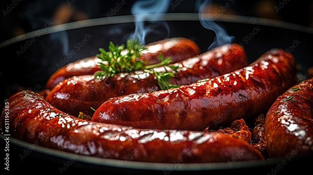 Generative AI, Grilled sausages on a plate, dark background, barbeque food Generative AI, Grilled sausages on a plate, dark background, barbeque food