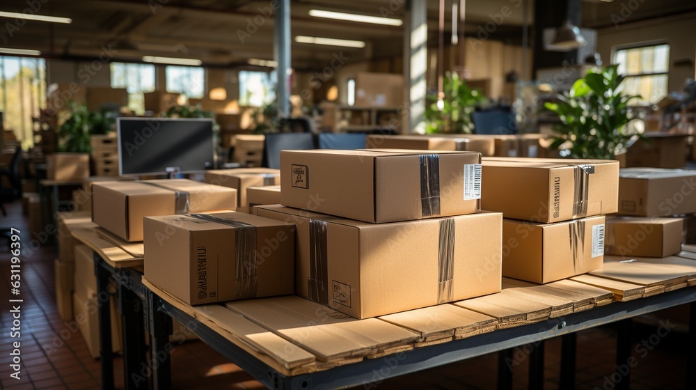 Office has a tall stack of unopened packages. Office has a tall stack of unopened packages.