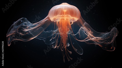  an orange jellyfish floating in the water on a black background.  generative ai © Olga