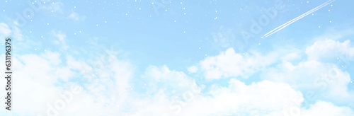 Angelic heaven clouds vector design background. Winter fairytale backdrop. Plane sky view with white stars