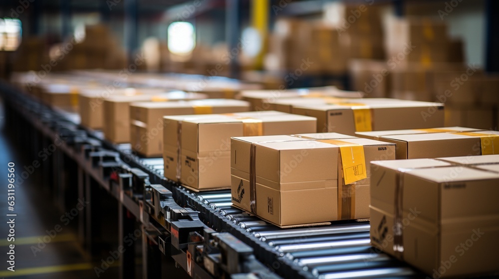 packages in a warehouse on a conveyor belt. packages in a warehouse on a conveyor belt.
