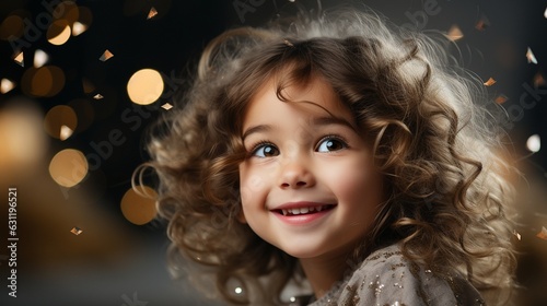 a picture of a young girl on a starry background with copy space.