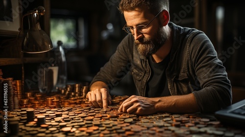 Man using a computer and coins to work online.