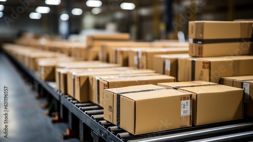 packages in a warehouse on a conveyor belt.