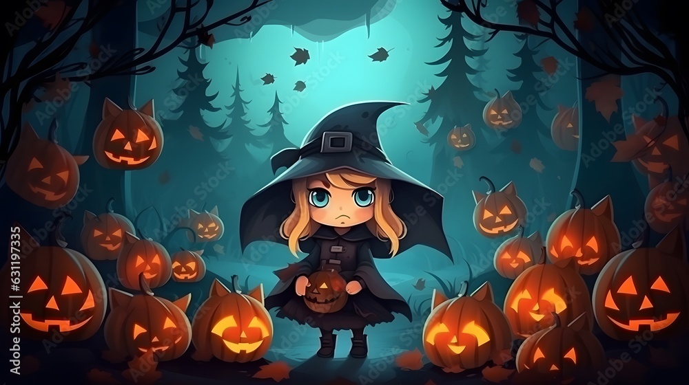 Cute little witch in a dark forest with pumpkins. Halloween illustration. Halloween witch with pumpkins in the dark forest. Cartoon Cute illustration.