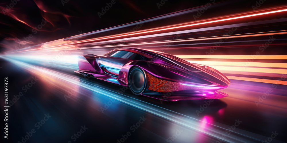 futuristic car driving fast motion synthwave styled