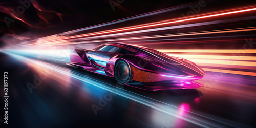 futuristic car driving fast motion synthwave styled