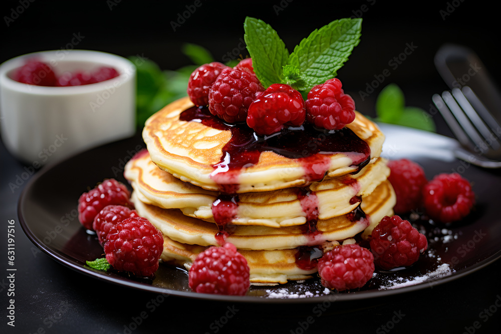 A portion of raspberry pancakes with mint leaves and poured with berries syrup on plate. Generative AI A portion of raspberry pancakes with mint leaves and poured with berries syrup on plate. Generative AI
