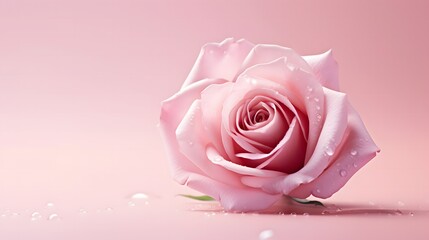 Pink rose on a pink background with water droplets. Copy space.