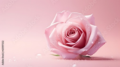 Pink rose on a pink background with water droplets. Copy space.