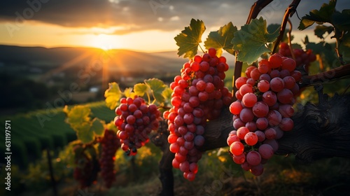 Ripe red wine grapes in vineyard at sunset, close up. Ripe grapes in vineyard at sunset, Tuscany, Italy.