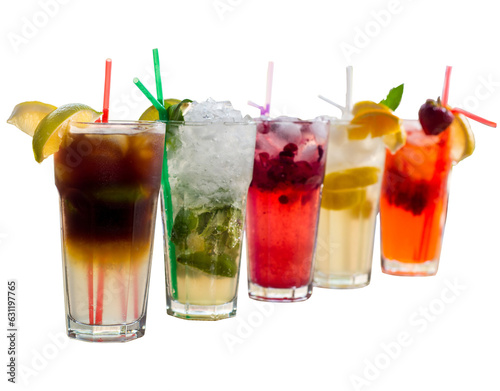 Lots of colored lemonades and cocktails in glasses. Fruit, citrus and berry lemonades and mojitos