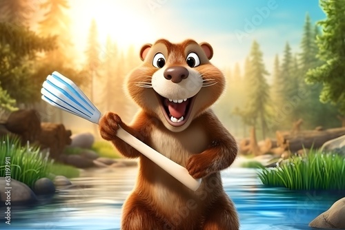 Cartoon character beaver. Beaver with a brush in his paw. 3d render

 photo