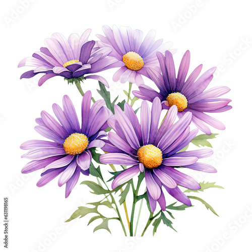 Purple Daisy Floral Bouquet Watercolor Clipart isolated on Transparent Background.
