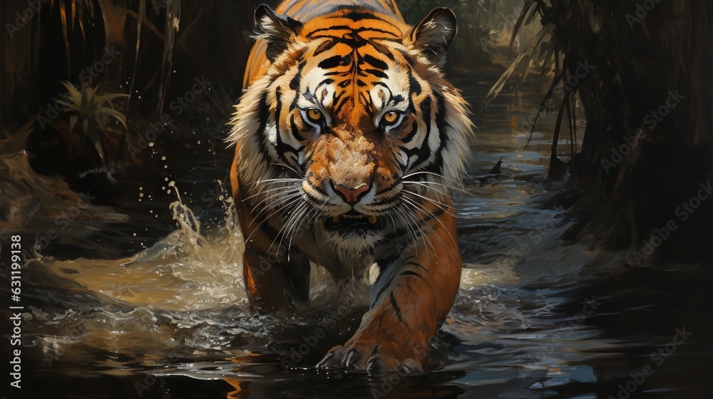 a painting of a tiger walking through a body of water. generative ai a painting of a tiger walking through a body of water. generative ai