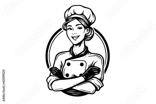 Smiley woman chef ink sketch in engraving style. Drawing young female vector illustration.