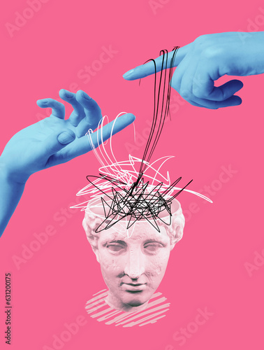 Obraz na płótnie Abstract human brain and human hands, drawn style. Creative idea symbol, art design or collage. Mental Health concept w salonie