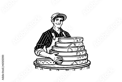 Cheesemaker or seller drawing ink sketch, vintage engraved style vector logotype illustration.