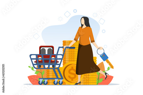 Car buying concept, car purchase, car financing. People buy cars. Clients are happy to buy new cars. Vehicle rental. Vector illustration in flat design for web banners, UI. Vector illustration.