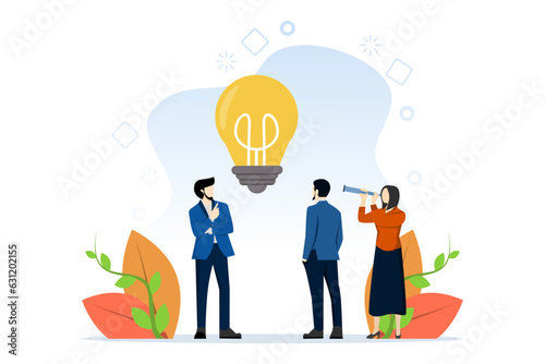 team work concept to generate idea with light lamp symbol. Group of people brainstorming new idea, creative team with raised hands thinking about solution for business. Modern UI flat illustration.