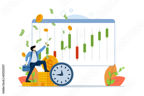 Return on investment concept, financial solutions, passive income, successful trading. Man invests successfully. Growth stock. Vector illustration in flat design for web banner, UI.