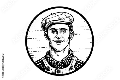 Cheesemaker or seller drawing ink sketch, vintage engraved style vector logotype illustration.