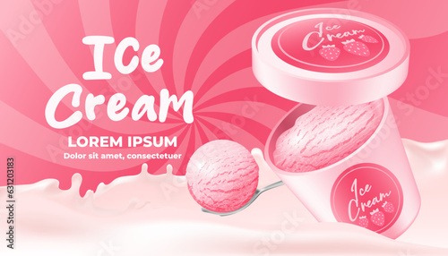 3D mockup of a pink ice cream in a bucket with a raised lid. Includes a spoon with a raspberry flavored ice cream ball. Perfect banner for promoting sweet food with a liquid background.