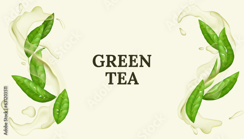 Refreshing green tea leaf in 3D vector illustration. Natural and organic, with a splash of water creating a cool and clean motion. Spearmint aroma and fresh minty flavor.