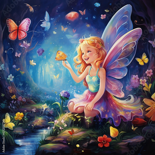 Magical Fairy with Wings Playing with Butterflies.