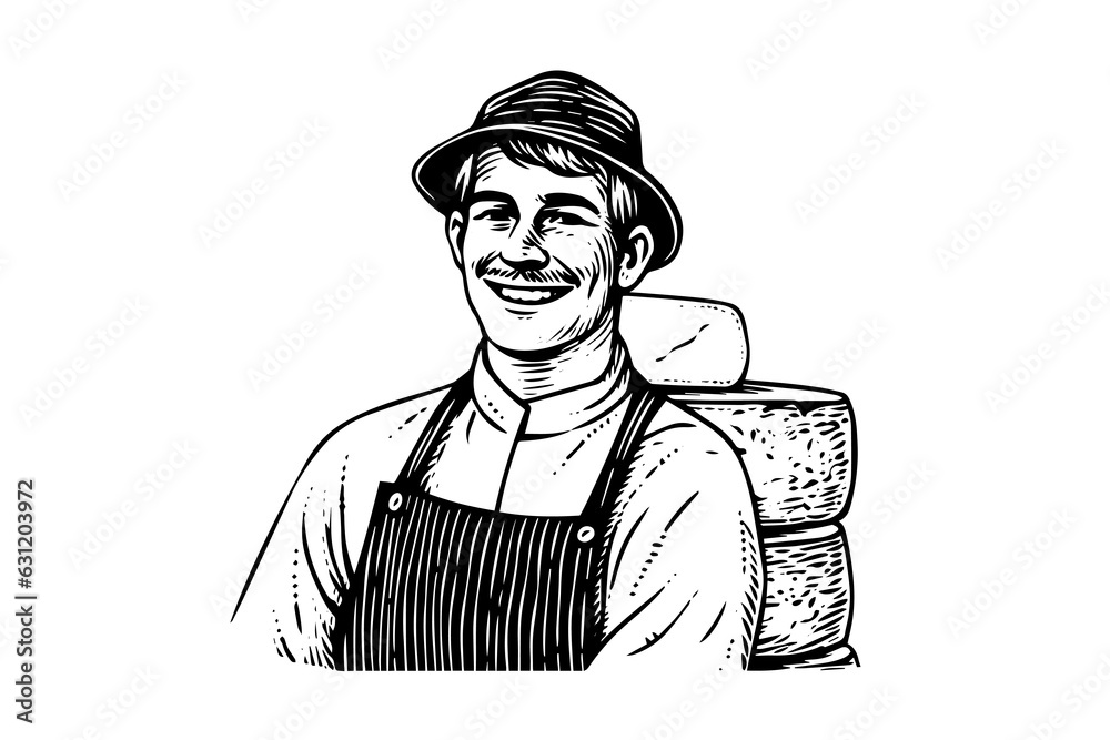 Cheesemaker or seller drawing ink sketch, vintage engraved style vector logotype illustration.