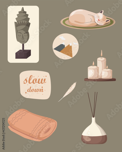 Yoga and meditation elements set and cat. Vector illustration stickers in cartoon style on dark background