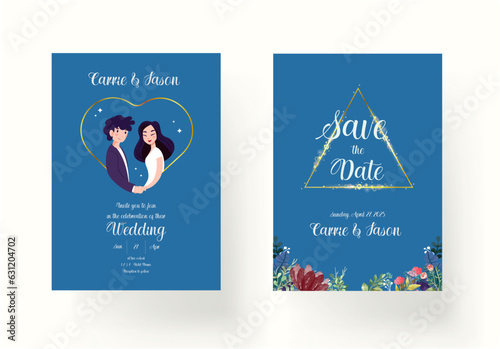 Wedding Invitation  save the date  card template. Vector. The newlyweds cartoon style. Gold.