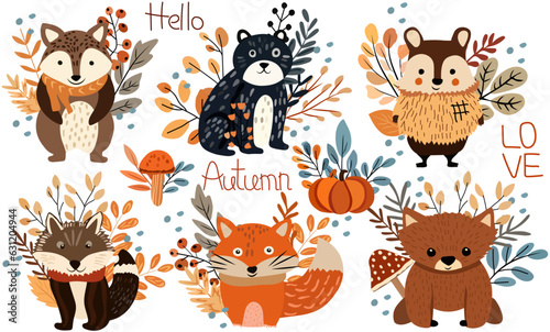 Fall collection, charming forest creatures autumn elements, cute bear, raccoon, vibrant trees, fall leaves, colorful mushrooms. Ideal for web, harvest fest, banners, cards, Thanksgiving