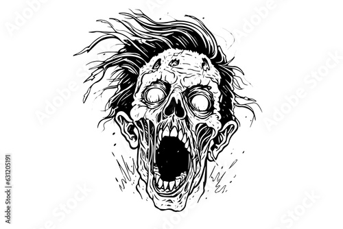 Zombie head or face ink sketch. Walking dead hand drawing vector illustration.