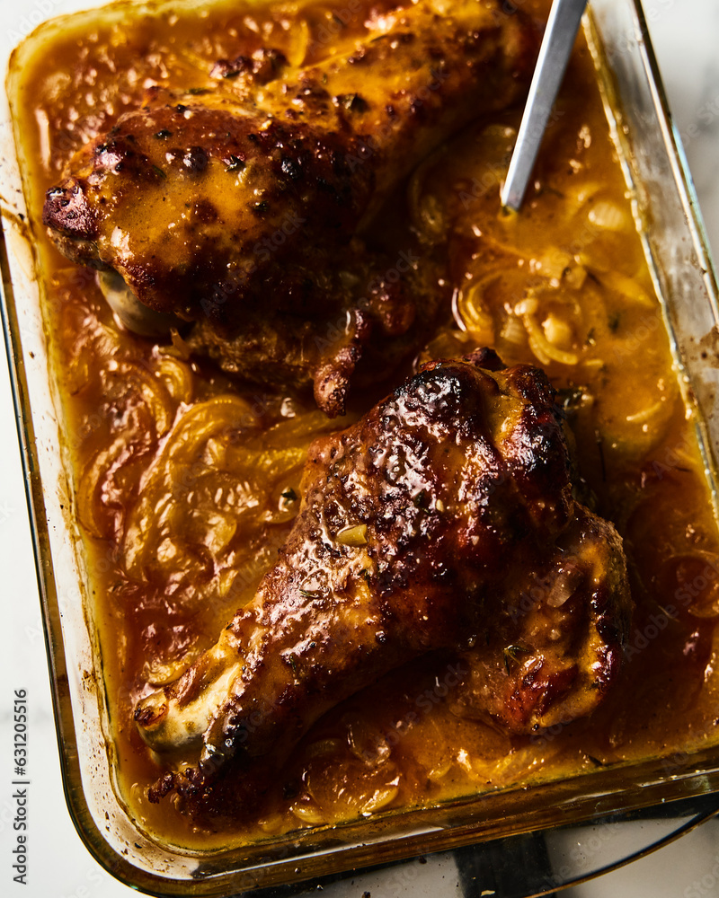 Smothered or stewed Turkey wings in a rectangular baking dish. Roasted