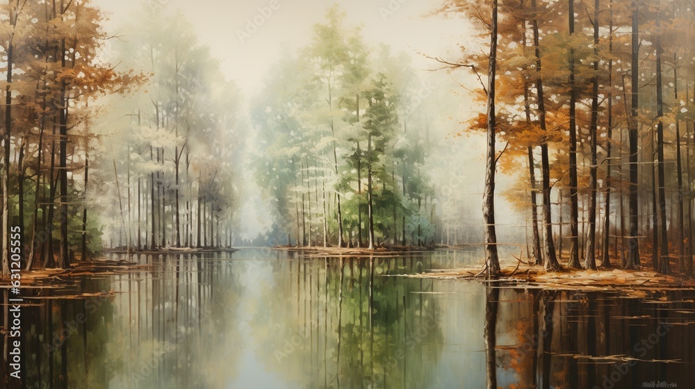  a painting of a lake surrounded by trees and water with a reflection of the trees in the water.  generative ai