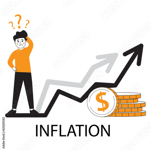 Economic inflation dollar value increase.Cost low and loss. Tiny people standing near piles of coins.Financial crisis.Character cartoon flat cartoon style.Isolated on white background.