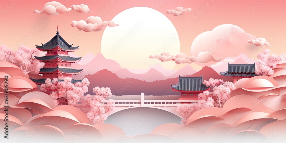 Beauty of Japan with stunning paper cut of famous landmarks. Travel concept. Generative AI