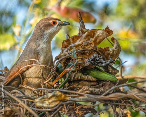 Black-billed Cuckoo bird perched in a nest made of foliage and vegetation photo