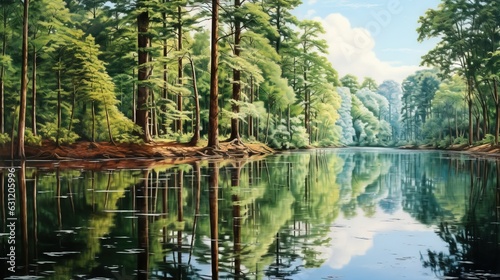  a painting of a lake surrounded by trees and a forest. generative ai
