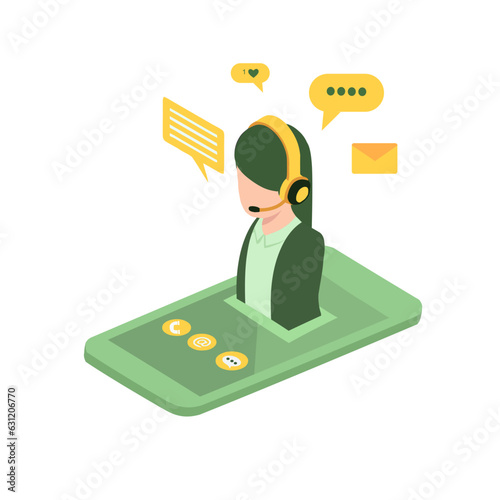 Vector illustration of Customer service support concept. Flat 3d isometric businessman hand holding smartphone with female call center icon.