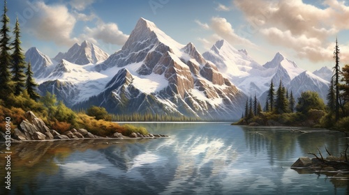  a painting of a mountain range with a lake in the foreground.  generative ai © Anna