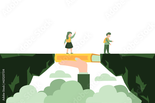Vector illustration of the teacher hand holding a book as a bridge for students to study. a teacher's struggle, educator's sincerity. Flat design for website, banner and flyer.