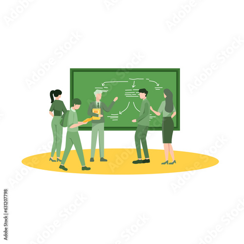 Flat vector illustration of Professor explaining seminar lecture topic using drawing diagram on class blackboard talking to students group. Student asking teacher questions after lesson. Flat Design