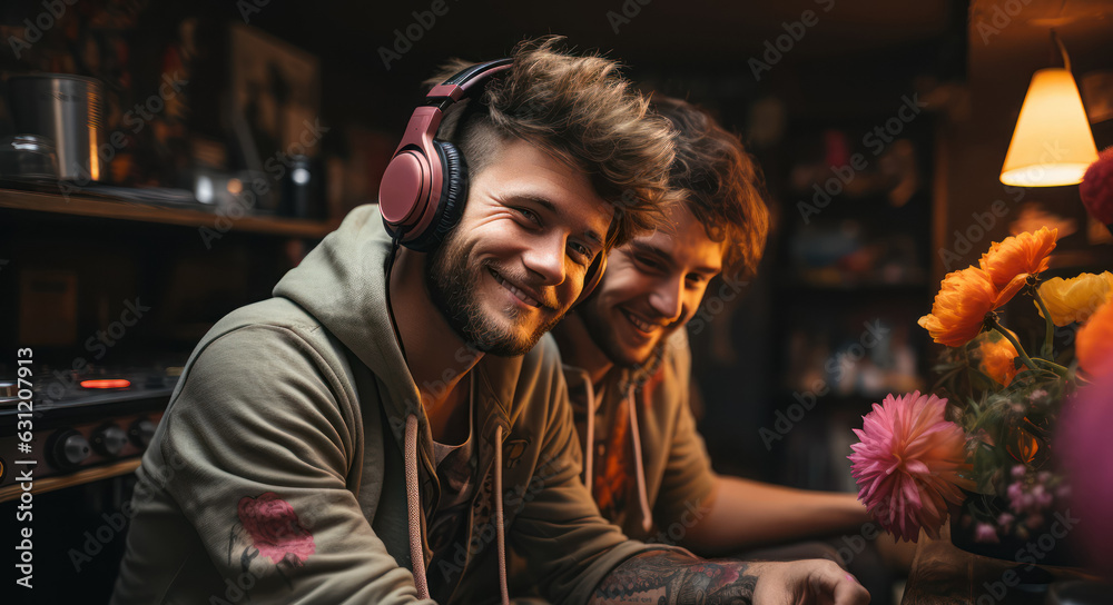 A man in headphones listens to music smiling. The concept of technology and using headphones for music. Generative Ai.