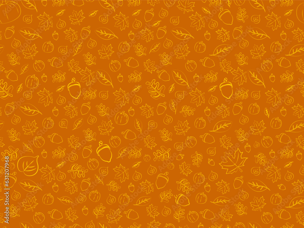 Big Seamless repeating pattern of autumn elements pumpkin, acorn, leaves, nuts, on orange background. Giant Banner with hand drawn maple leaf, acorn, pumpkins, birch leaves. Vector Illustration.
Big Seamless repeating pattern of autumn elements pumpkin, acorn, leaves, nuts, on orange background. Giant Banner with hand drawn maple leaf, acorn, pumpkins, birch leaves. Vector Illustration.
